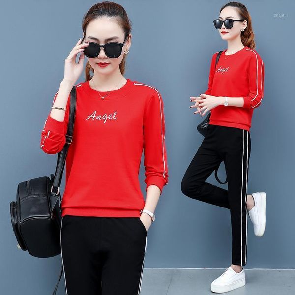 

two piece dress spring autumn women sets letter embroidery plus size casual sportswear sweatshirt and long pant set, White