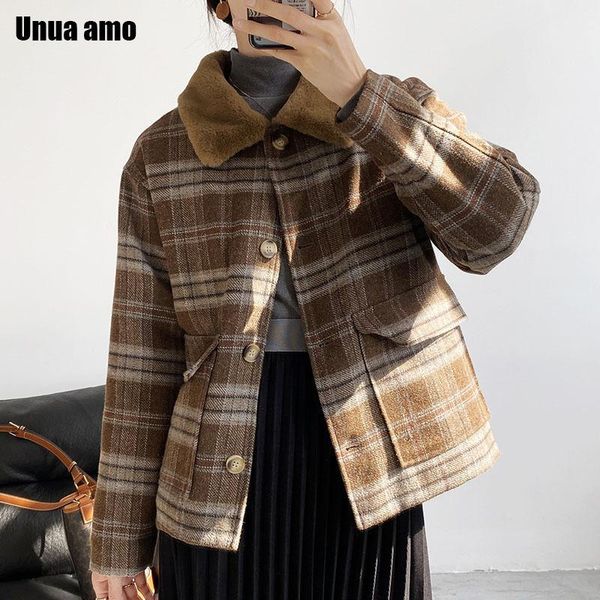

women's wool & blends unua amo 2021 fur collar woolen coat women short thicken cotton padded warm winter plaid jackets female loose o, Black