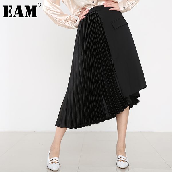

[eam] highwaist black asymmetrical pleated temperament long half-body skirt women fashion spring autumn a779 210512