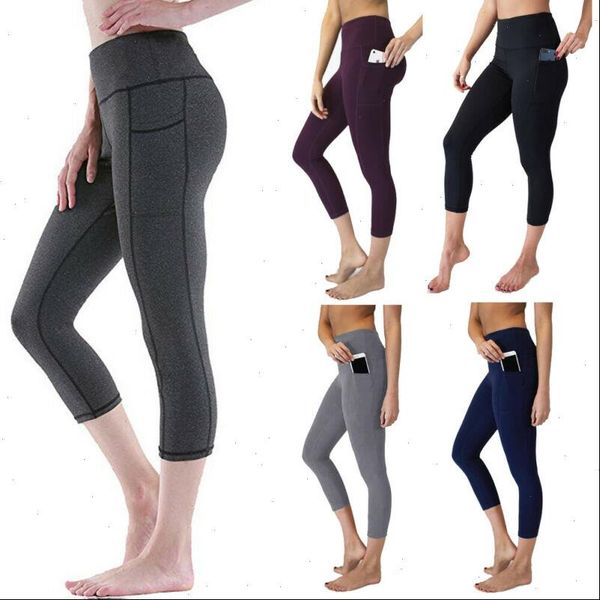 

fitness casual solid crop women leggings wide waistband cycling spring autumn high wasit pocket workout leggins pants trousers, Black