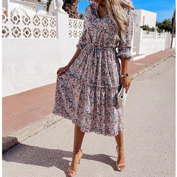 

casual dresses v neck floral beach dress 2021 spring and summer women digital print small fresh sweet lace mid-length sexy, Black;gray
