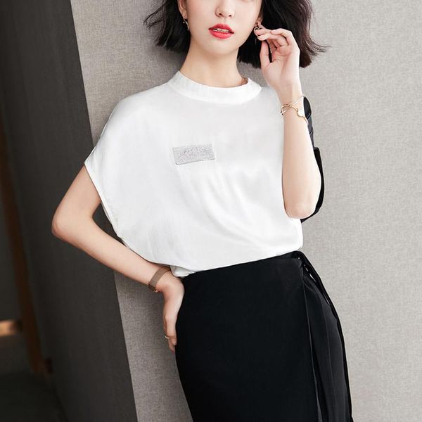 

women's t-shirt hzirip 2021 women summer soft short design elegant gentle casual asymmetrical patchwork loose fashion, White