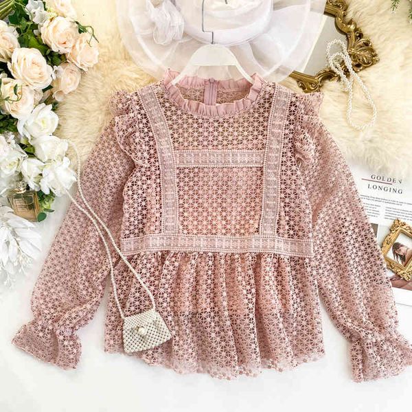 

women's blouses & shirts women sweet hollow out flouncing ruffles pullover ladies casual long sleeves o-neck nmcs, White