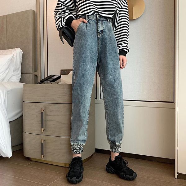

women's jeans woman plus-size high waist loose ankle-length harem pants trend 2021 vintage solid office lady slim female denim trousers, Blue