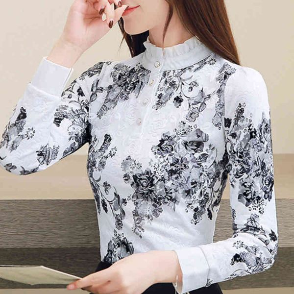 

womens and blouses autumn winter long sleeve blouse women 3xl plus size women elegant print lace blouse blusas a612 210426, White