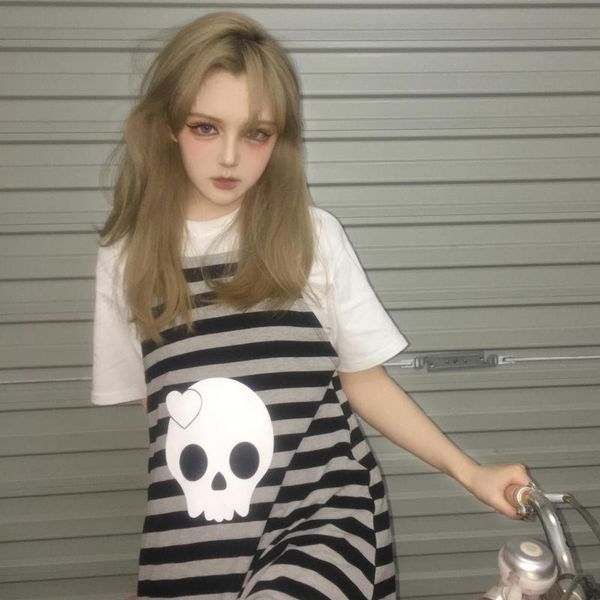 

casual dresses grunge cyber y2k alt summer stripe skull emo punk mini for women e-girl pastel goth kawaii aesthetic fairy dress, Black;gray