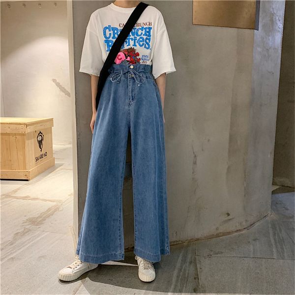 

women's jeans micro trumpet denim pants 2021 spring and autumn high waist korean version, loose sagging, straight tube, showing thin fa, Blue
