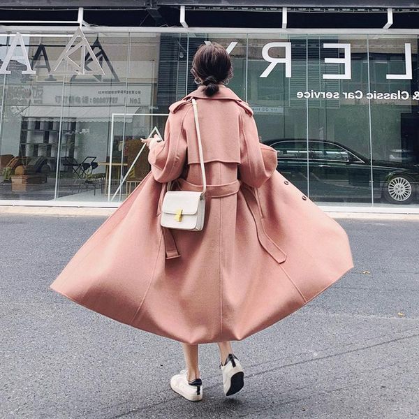 

winter long woolen coat and jackets women 2021 korean loose pink elegant outwear warm chic ladies bandage wool overcoat women's & blend, Black