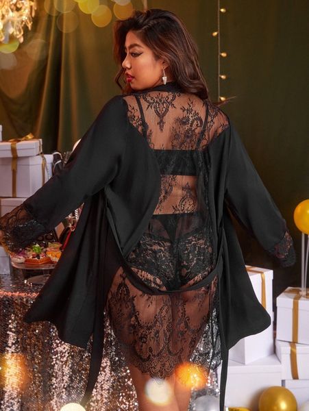 

plus contrast lace belted sleep robe without lingerie z6ou#, Black;white