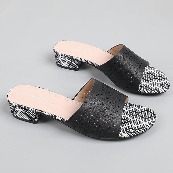

slippers shoes women summer fretwork heels platform med luxury slides square heel pantofle soft designer block 2021 fashion pu r, Black