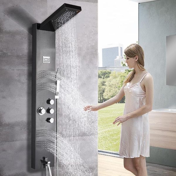

black/brushed nickel shower panel column rainfall head massage jets and cold water mixer bathroom faucet set bathtub spout sets