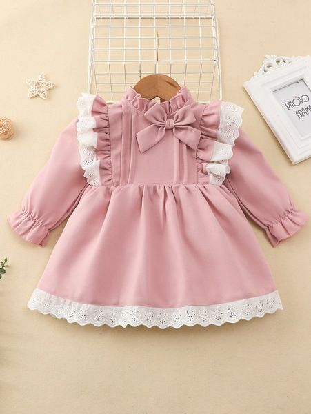 

baby eyelet embroidery flounce sleeve bow front dress she, Red;yellow