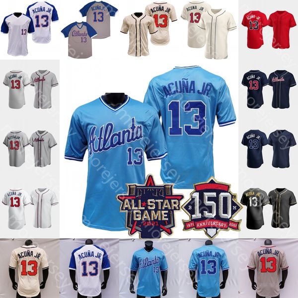 Ronald Acuna Acuña Jr Jersey 150th 2021 Asg Patch Preto Bebê Dourado Bebê Azul Branco Pulôver Mulheres Vermelho Navy Creme Fãs Tamanho do Jogador S-3XL