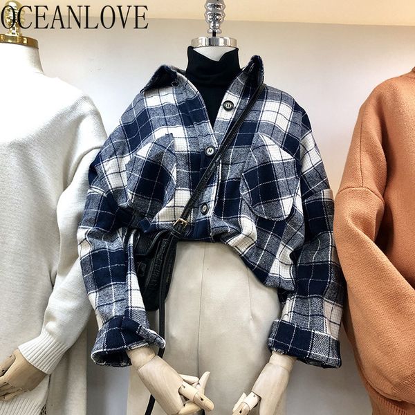 

plaid blusas mujer single breasted autumn korean fashion shirts long sleeve loose blouse women clothes 18170 210415, White