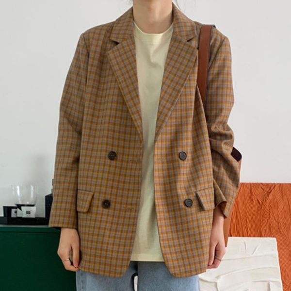 

women's suits & blazers [ewq] korea chic casual trend women lapel double button plaid loose fashion long-sleeved blazer autumn 2021 16e, White;black