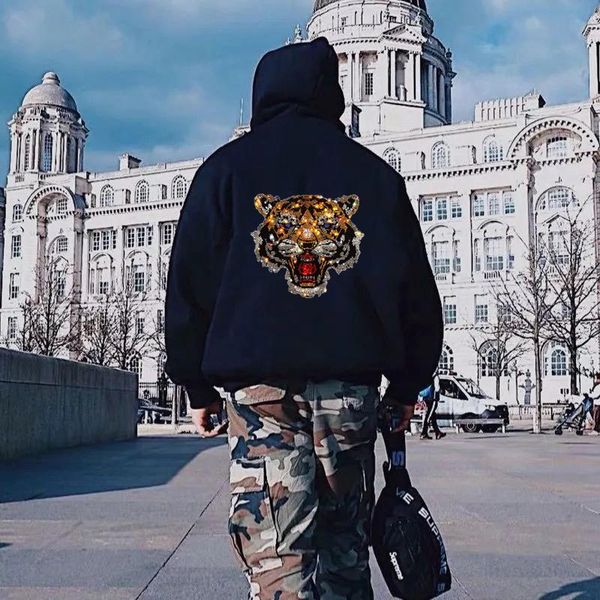 

men's hoodies & sweatshirts european american fashion hoodie cotton pullover slim animal diamond printed sportswear keeps warm and comf, Black