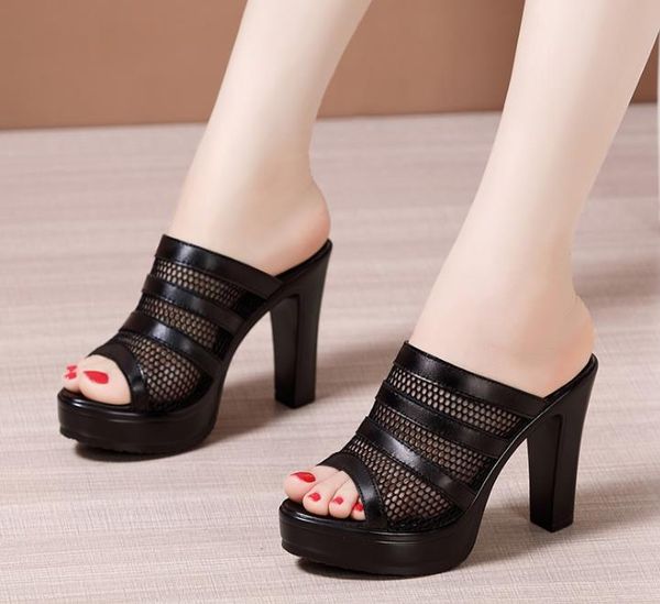 

slippers high-heeled thick-heeled sandals and women's 2021 summer waterproof platform fish mouth large size fashionable outer we, Black
