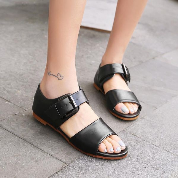 

big size 32-48 summer women solid cover heel flat sandals 3 colors, Black