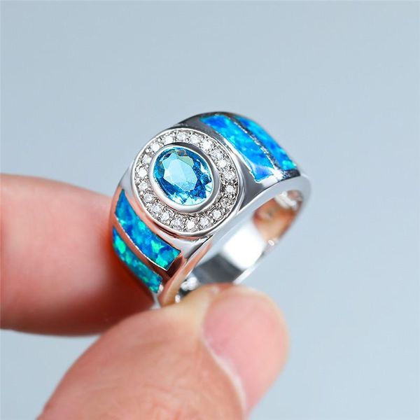 

vintage female male oval crystal big ring classic silver color wedding rings for women luxury blue opal stone engagement ring, Slivery;golden