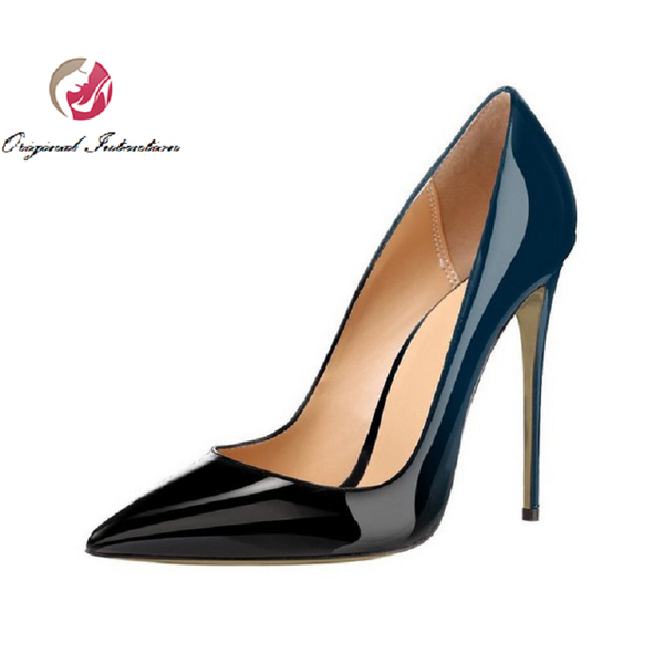 

original intention elegant women pumps gradient colors pointed toe thin heels patent leather shoes woman plus us size 4-15 dress, Black