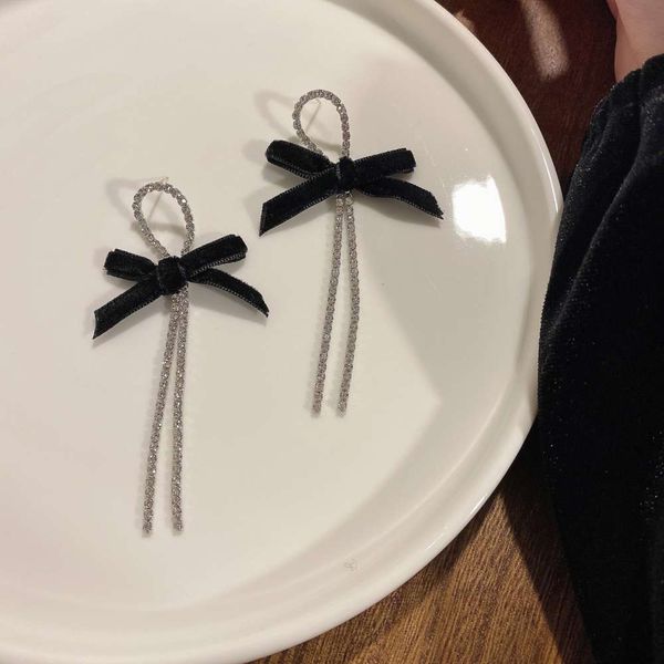 

earrings s925 silver needle hepburn full diamond tassel bow women's long temperament luxury fashion earrings, Golden