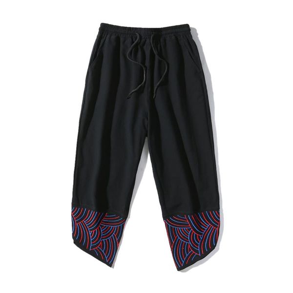 

summer style cotton and linen casual embroidery wide pants loose personality men's plus size cropped trousers mens, Black