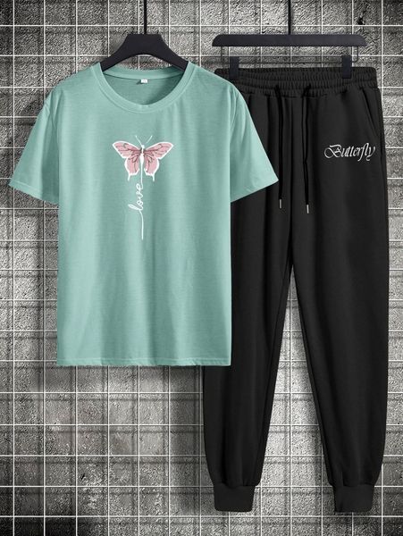 

romwe guys letter butterfly graphic tee & drawstring sweatpants q8za#, Gray