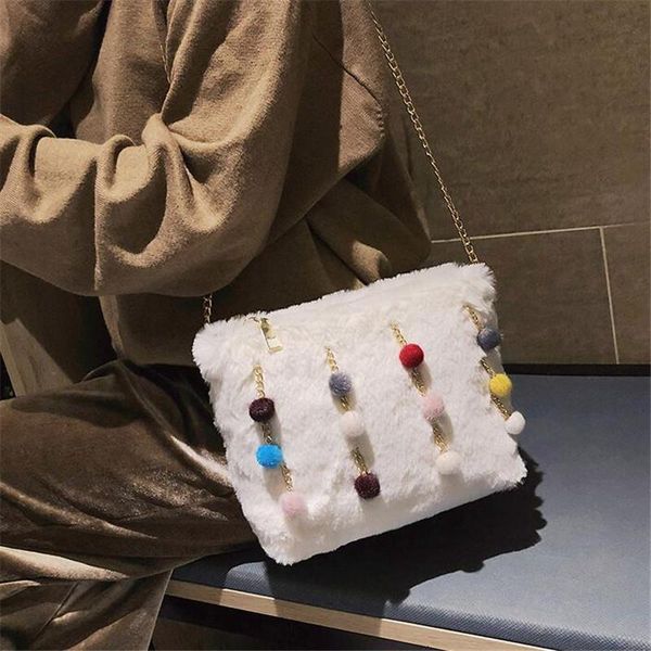 

cute ball tassel shoulder bags for women korean style hair chain messenger bag ladies faux fur envelope day clutch