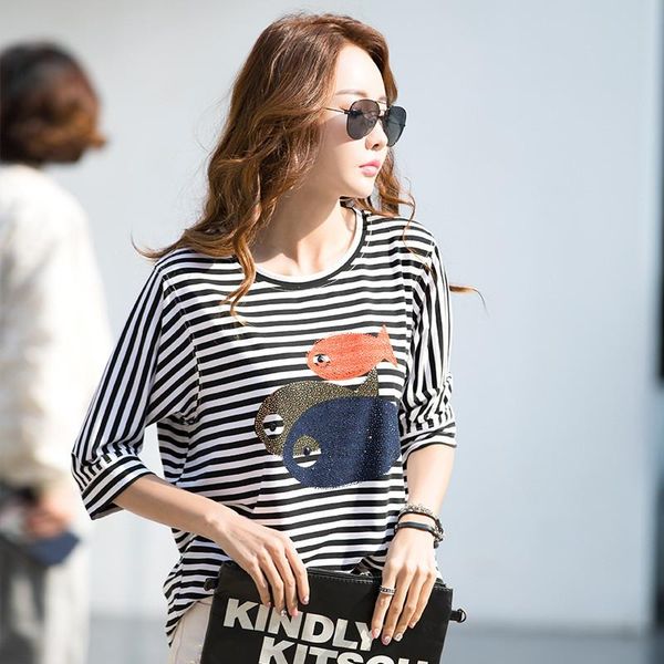 

women's t-shirt 2021 spring and summer short-sleeved striped loose large size was thin three-quarter sleeves n122, White