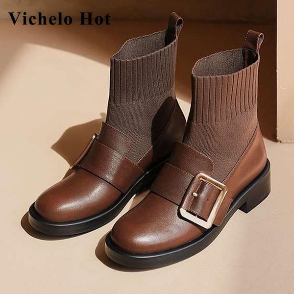 

boots vichelo genuine leather round toe med heel british style knitting buckle decoration beauty lady casual ankle l87, Black