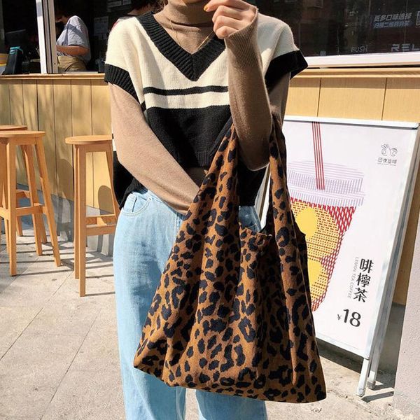 

evening bags women leopard pattern corduroy shoulder lady casual canvas tote handbags reusable large capacity female shopping beach bag
