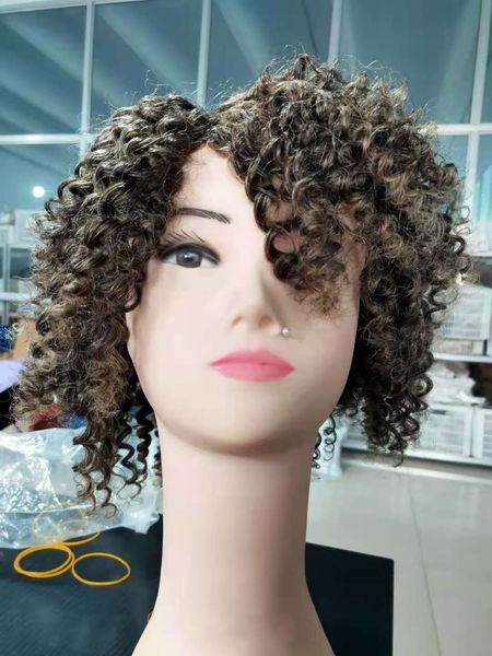 

short curly gray wig salt and pepper pixie cut grey easy-care human hair wigs for white women with bangs 150%density, Black;brown