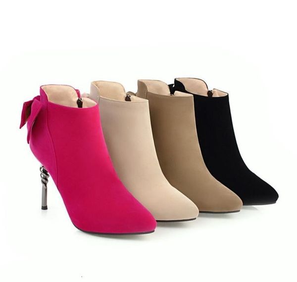 

size 33 to 42 43 high heel pink bowtie ankle booties luxury designer women boots come with box, Black