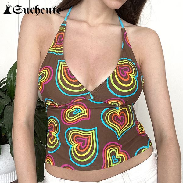 

women's tanks & camis heart print y2k aesthetic crop for women summer streetwear backless lace-up halter party clubwear v-nec, White