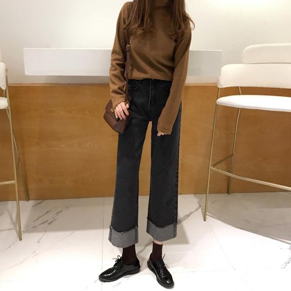 

women's jeans korean-style loose retro flanging washed female autumn and winter ulzzang student wide-leg pants ankle length casual, Blue