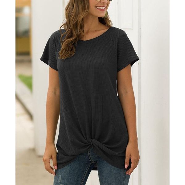 

women's t-shirt women short sleeve o-neck front twist knot t shirts black size, White