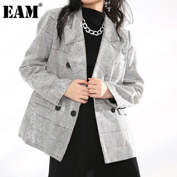 

[eam] women gray plaid double breasted blazer lapel long sleeve loose fit jacket fashion tide spring autumn 2021 1dd236502 women's suit, White;black