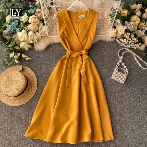 

dresses new summer vintage v neck sleeveless tie up solid slim high waist knee-length women dress, Black;gray