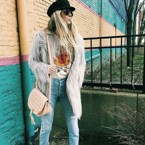 

women's fur & faux autumn coat round neck trench medium long black trim winter fashion