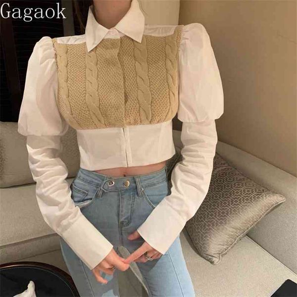 

high street women shirt spring autumn lapel patchwork short puff sleeve knit blouse slim korean chic blouses 210531, White