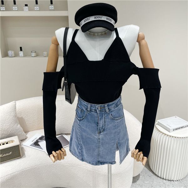 

hoodies nicho female design spring summer fashion in layers off the shoulder suspend knitted shirt, Black