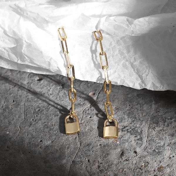 

dangle & chandelier real 100% 925 sterling silver chain lock drop earrings for women fine jewelry, gold color earings girl ear accessories