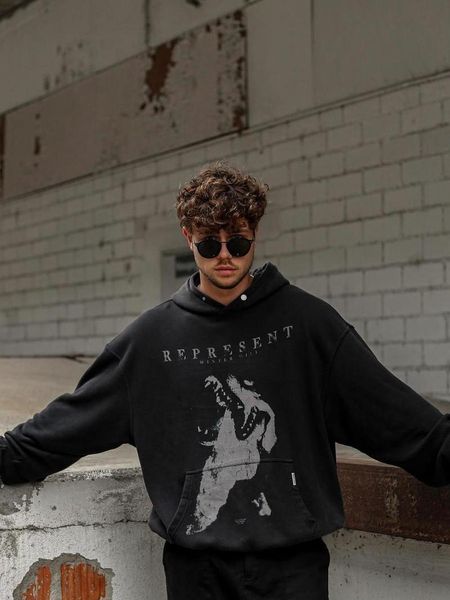 

men's hoodies & sweatshirts 22ss winter mountain wolf 100% cotton oversized represent men women vintage clothes autumn skateboard xxxte, Black