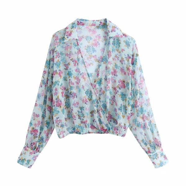 

summer women cross v neck flower printing chiffon short blouse female lantern sleeve shirt casual lady crop blusas s8883 210430, White