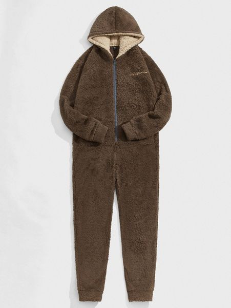 

men drop shoulder letter embroidery hooded teddy lounge jumpsuit v9ed#, Black;brown