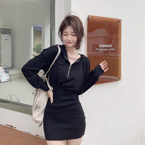 

casual dresses black bodycon white long sleeve sheath mini hooded robe slim zipper vestido de mujer high waist pull clothes, Black;gray