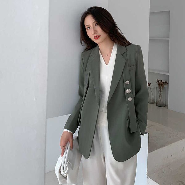 Donna Autunno Lavoro Ufficio Lady Suit Blazer Feminino Business Femme Casual Verde Dentellato Giacca con cintura Blazer Cappotto Mujer 210608