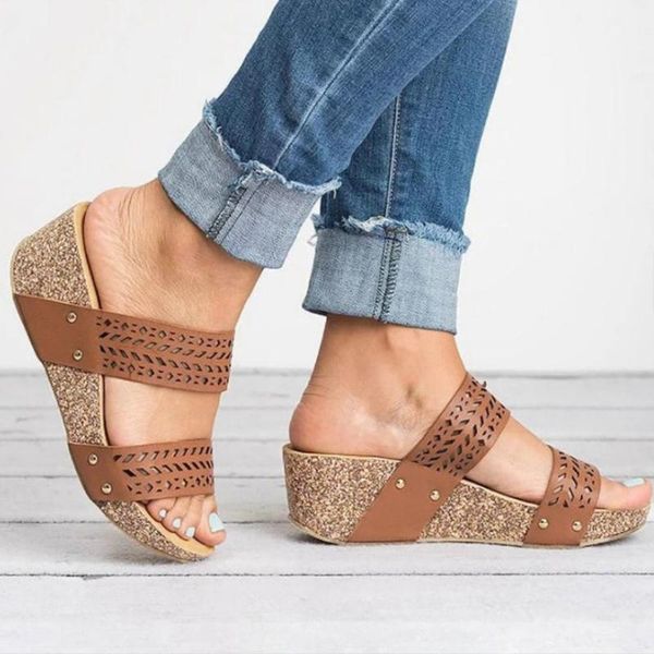 

nice fashion women slippers wedges summer hollow carved beach sandals casual shoes platform slides, Black