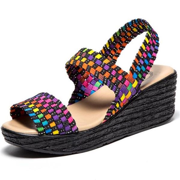 

summer hand-woven women's sandals with thick soles, heightened muffins, wedge heel casual shoes platform, Black