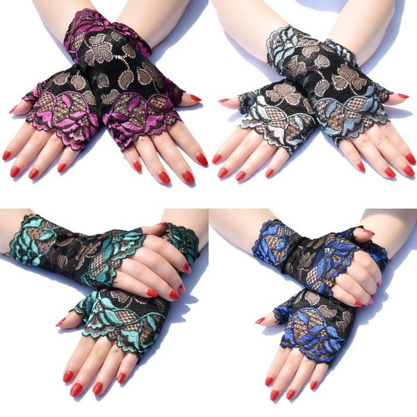 

five fingers gloves short thin section lace sun protection flower mesh half-finger female riding uv dance performance mittens, Blue;gray
